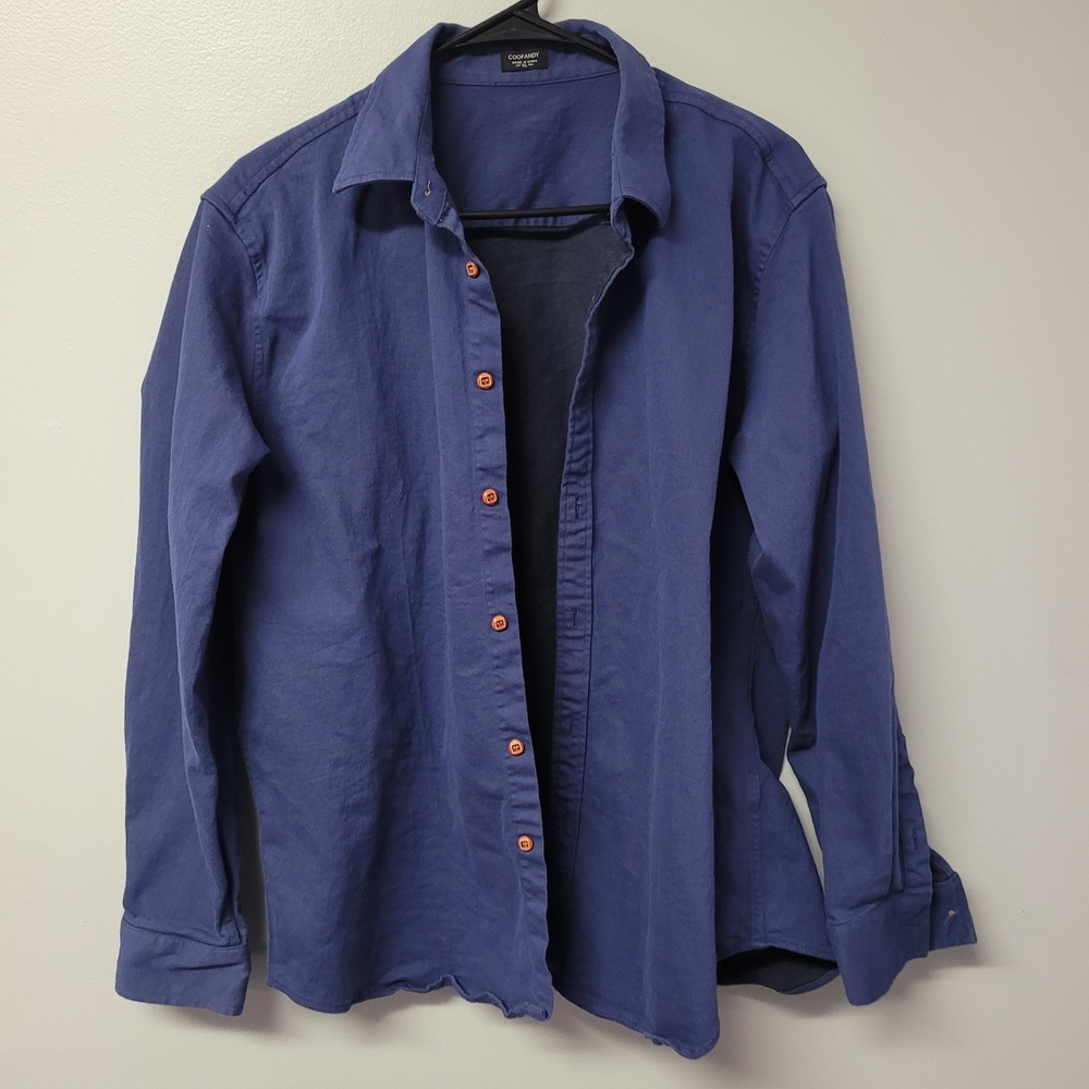 Coofandy Mens XL Blue Long Sleeve Button Up Casual Shirt Orange Buttons